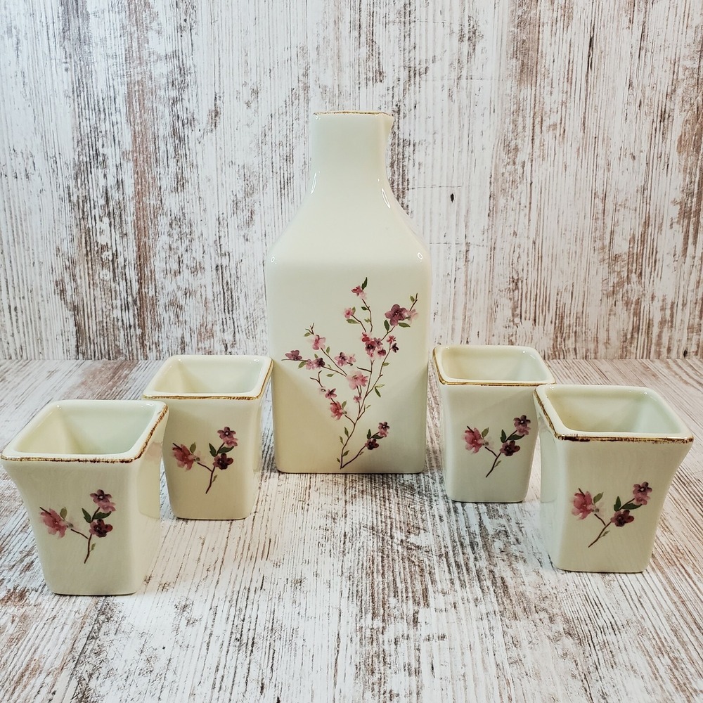 Pottery Barn 5 pc Cherry Blossom Design Sake Tea Set 4 Cups & Bottle Floral